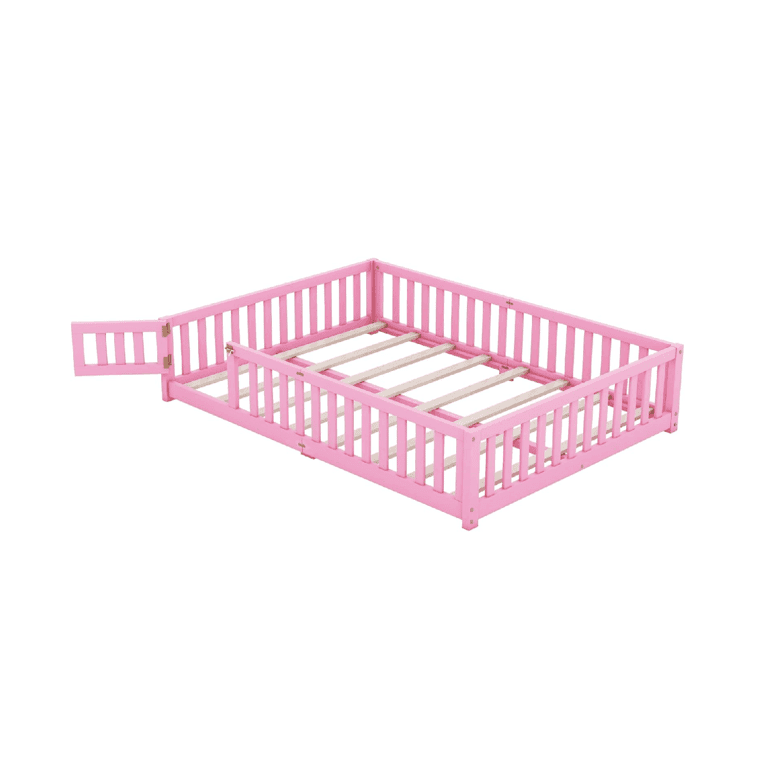 Montessori Bellemave Queensize Vloerbed Met Relingen & Latten Roze