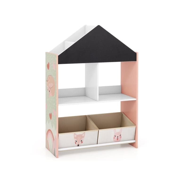 Costway Speelhuisje Kinderboekenplank met Schoolbord en Whiteboard Roze