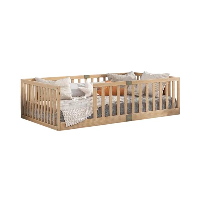 Montessori Sapphome Twin Massief Houten Vloerbed Met Reling Natuurlijk