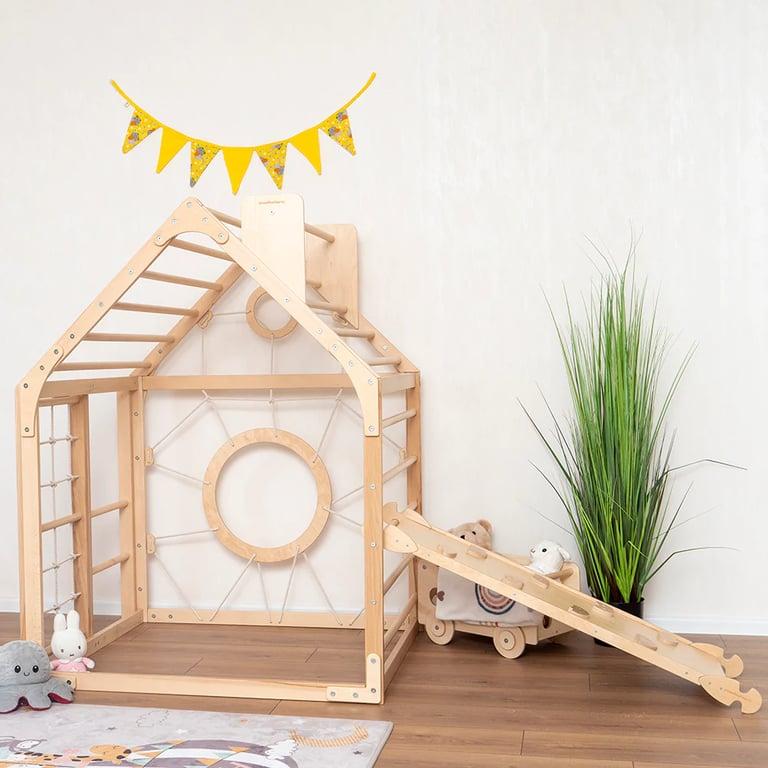 Montessori Wood and Hearts Klimspeelhuisje met Helling in Natuurlijk Hout