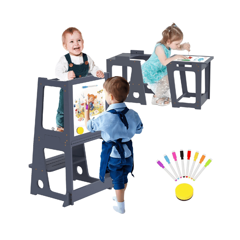 Montessori BueDeHai 4-in-1 Leertoren met Whiteboard en Veiligheidsreling Grijs