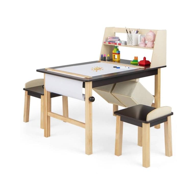 Costway Activiteitentafel en Stoelen Set met Papierrol en Opbergbakken