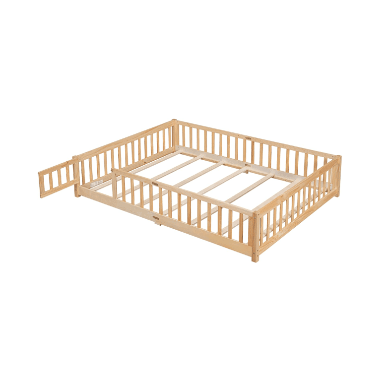 Montessori CITYLIGHT Queensize Vloerbed met Reling en Lattenbodem Naturel