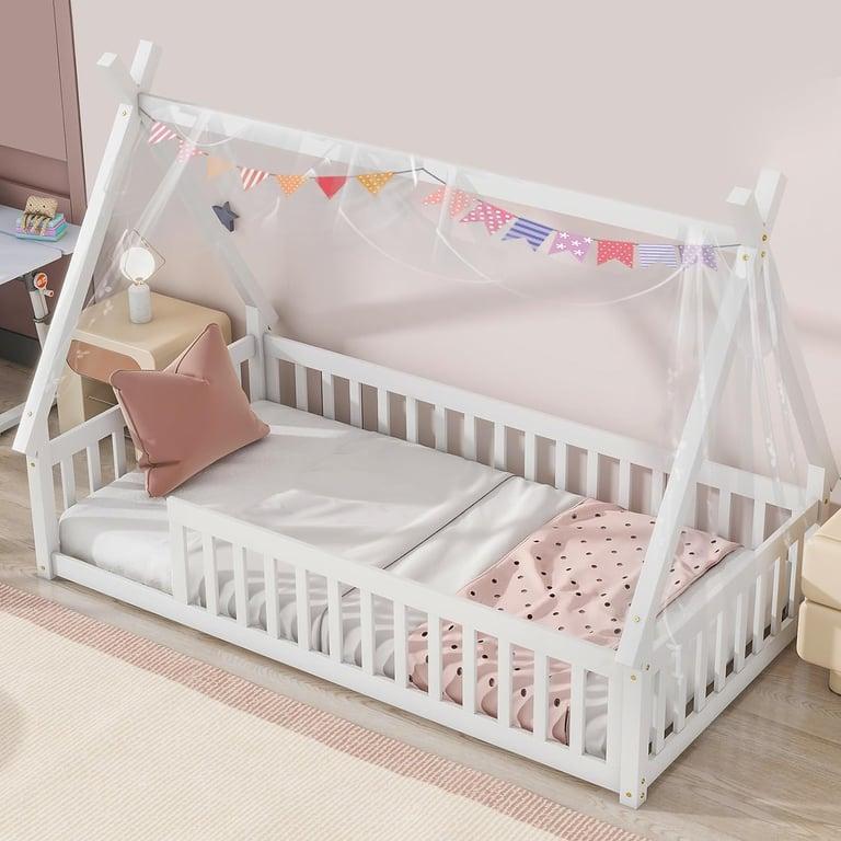 Montessori Tatub Twin Teepe Vloerbed Omranding Met Relingen Zonder Deur Wit