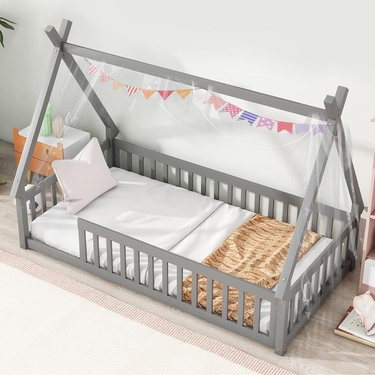 Montessori Tatub Twin Teepe Vloerbed Omranding Met Relingen Zonder Deur Grijs