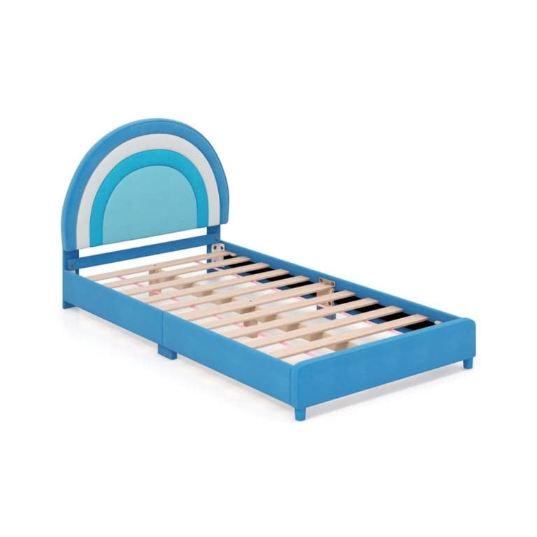 Costway Twin Bedframe met in Hoogte Verstelbaar Hoofdeinde en Stevige Houten Lattenbodem Blauw