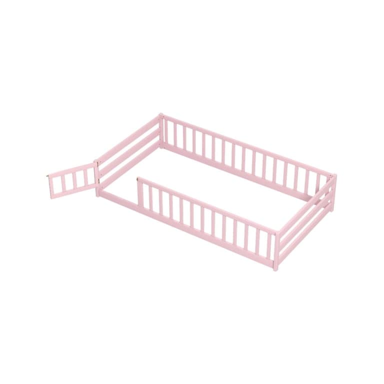 Costway Tweelingmaat Montessori Vloerbed met Deur en Hek Roze