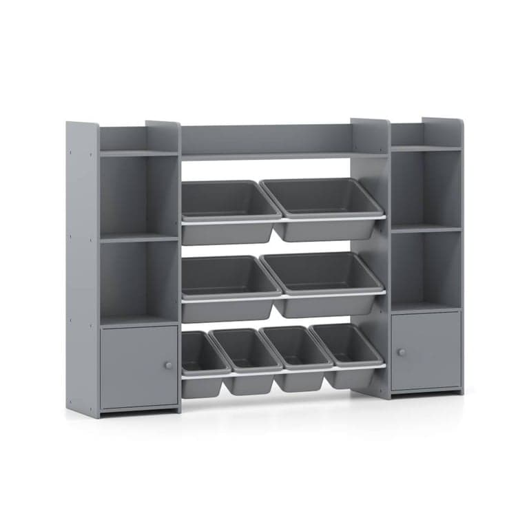 Costway Grote Speelgoedopbergkast met 8 Verwijderbare Bakken en Boekenplank 142,24 CM Grijs