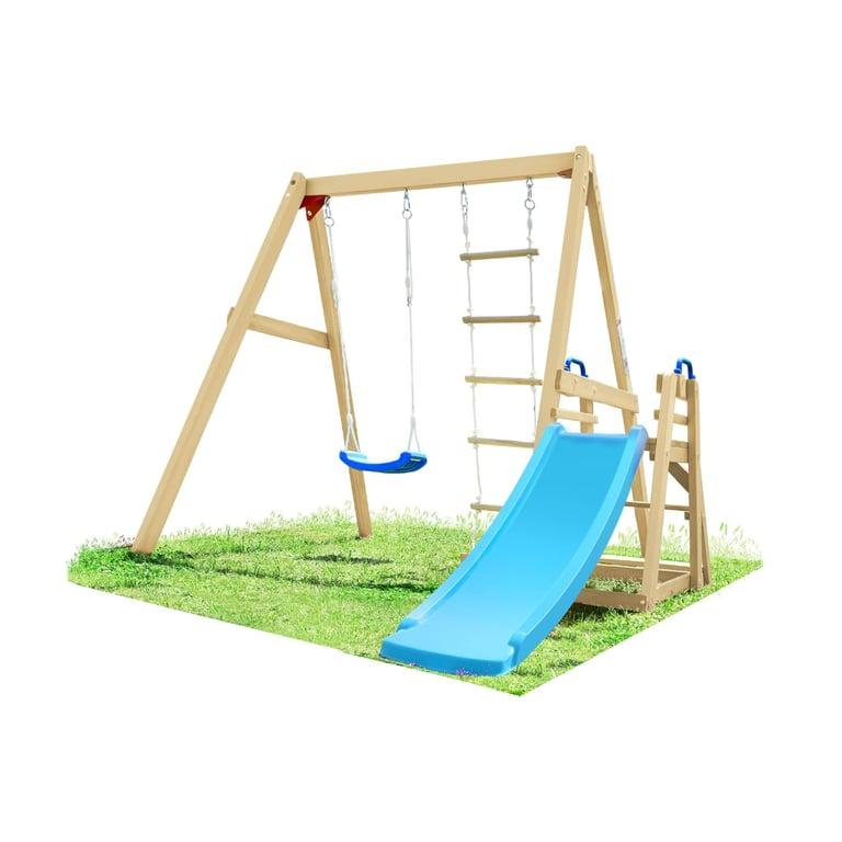 Montessori Merax 4-in-1 Buiten Schommelset met Glijbaan en Klimtouwladder Blauw