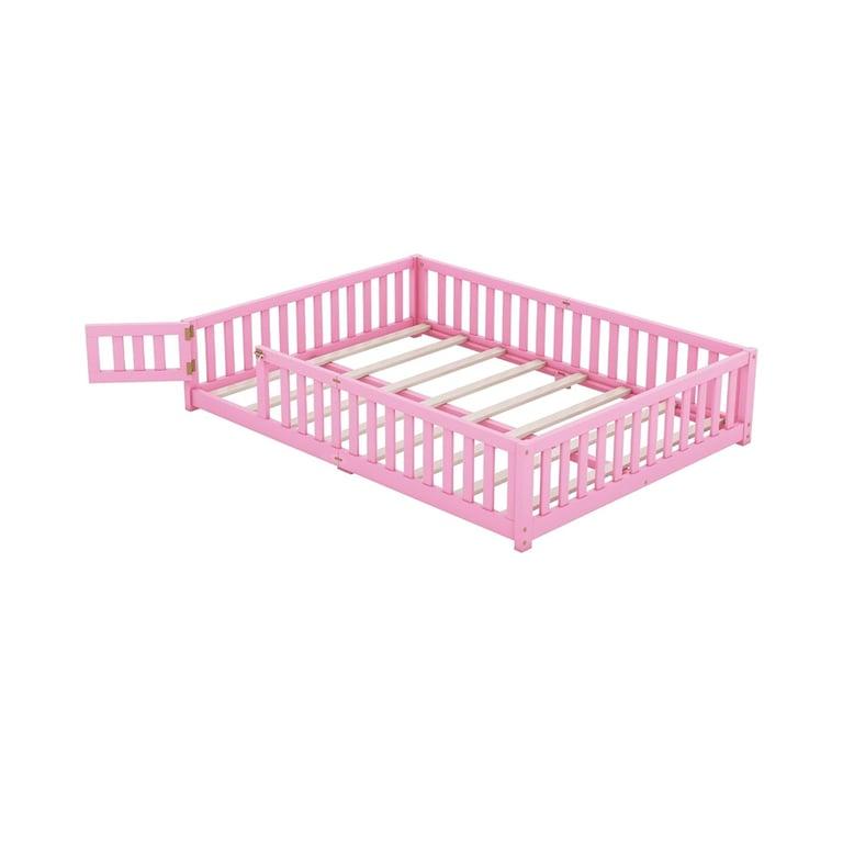 Montessori CITYLIGHT Queensize Vloerbed met Relingen en Latten Roze