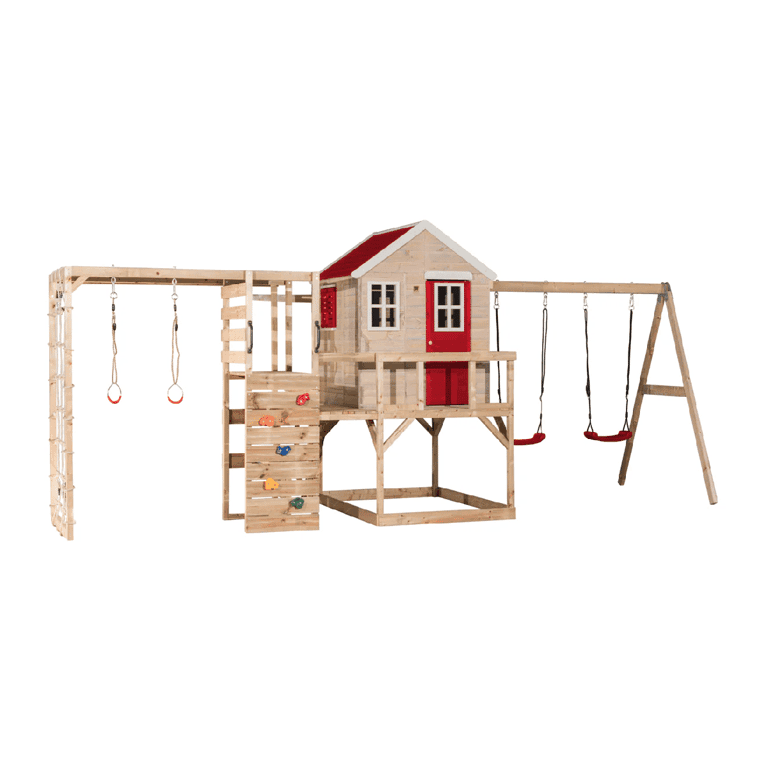 Montessori Wendi Toys My Lodge Schommelset Met Platform, Dubbele Schommel en Gymbevestiging Rood