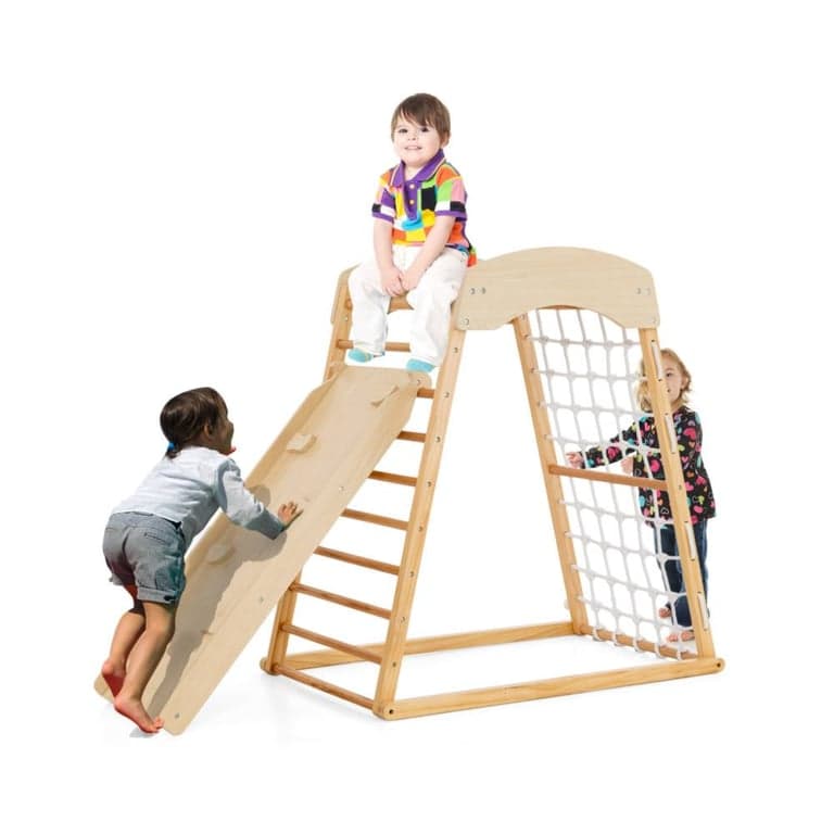 Costway 6-in-1 Houten Indoor Speeltuin met Dubbelzijdige Hellingbaan en Apenrekken Natuurlijk