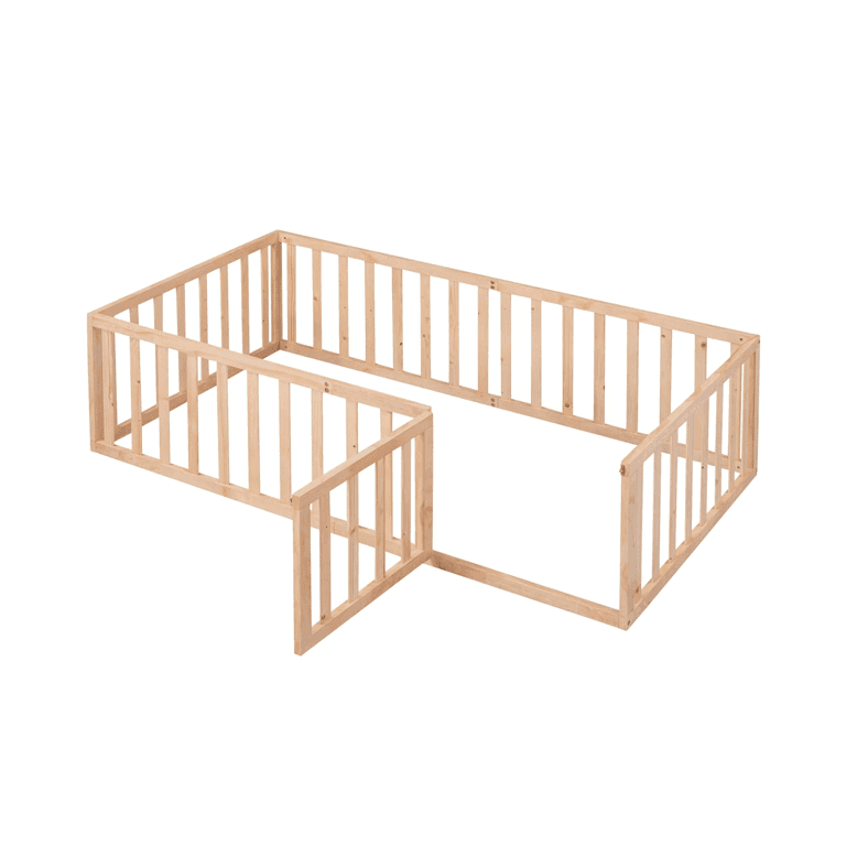 Montessori Bellemave Eenpersoons Vloerbedframe met Hekwerk en Deur Naturel