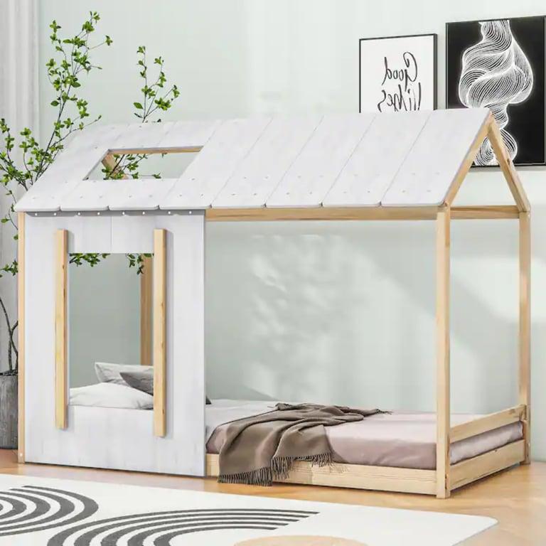 Montessori Bed Bath & Beyond Houten Huis Tweelingvloerbed Met Dak en Raam Wit en Natuurlijk