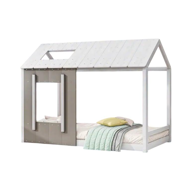 Montessori Bed Bath & Beyond Houten Huis Tweelingvloerbed Met Dak en Raam Wit en Antiek Grijs