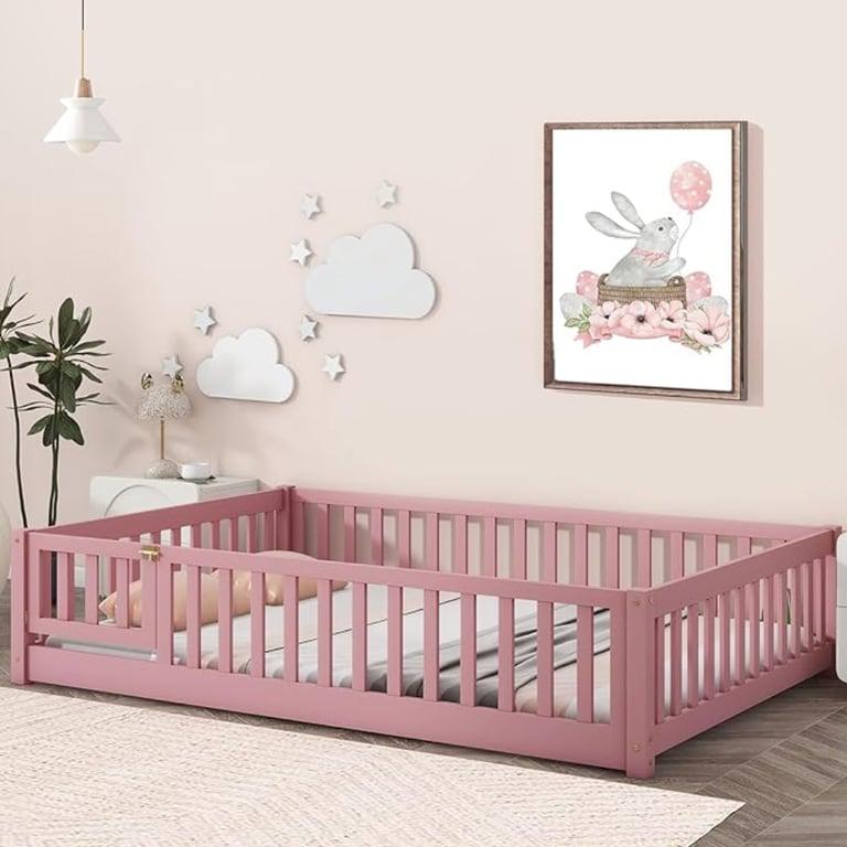 Montessori Tatub Eenpersoons Montessori Bed Met Veiligheidsrelingen, Lattenbodem en Deur Roze