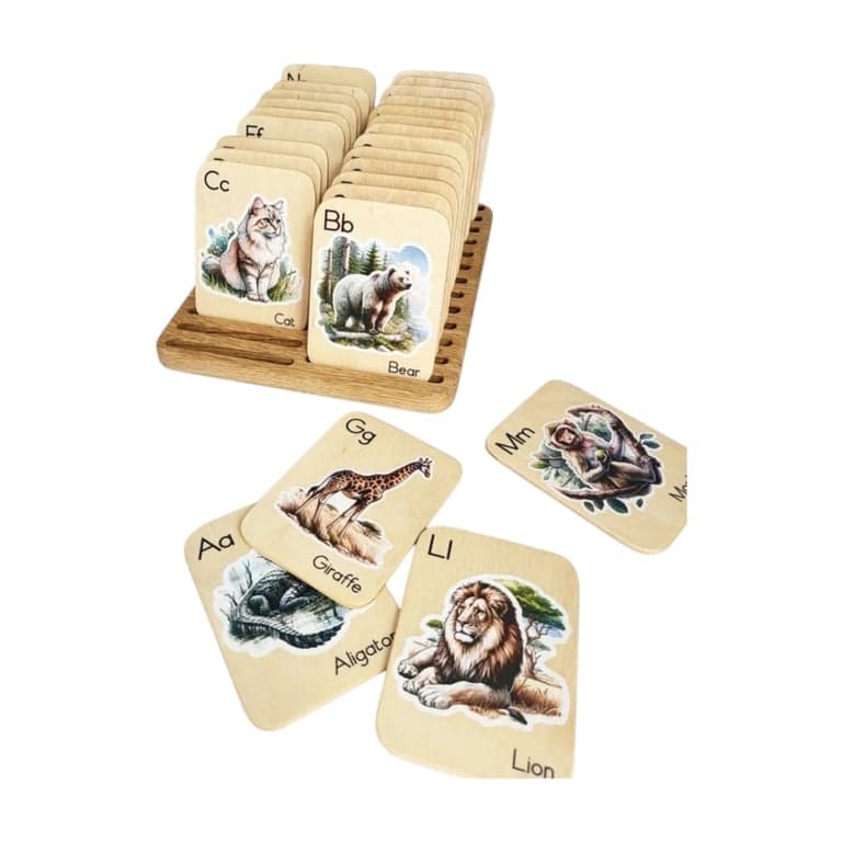 THREEWOOD Wooden Animal Flashcards With Holder
