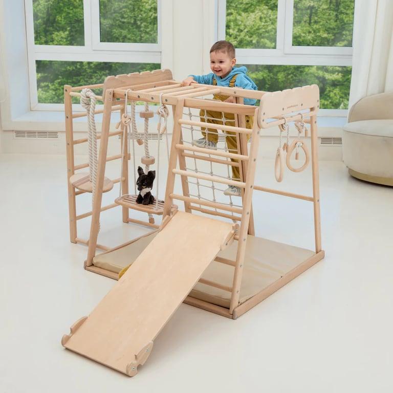 Montessori Wood and Hearts Indoor Jungle Gym met Trapeze, Ladder, Mat, Helling en 4 Touwen