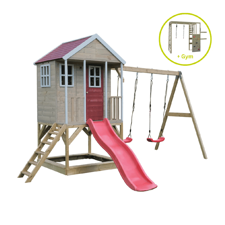 Montessori Wendi Toys Nordic Adventure Schommelset Met Platform, Glijbaan, Dubbele Schommel en Gymbevestiging Rood