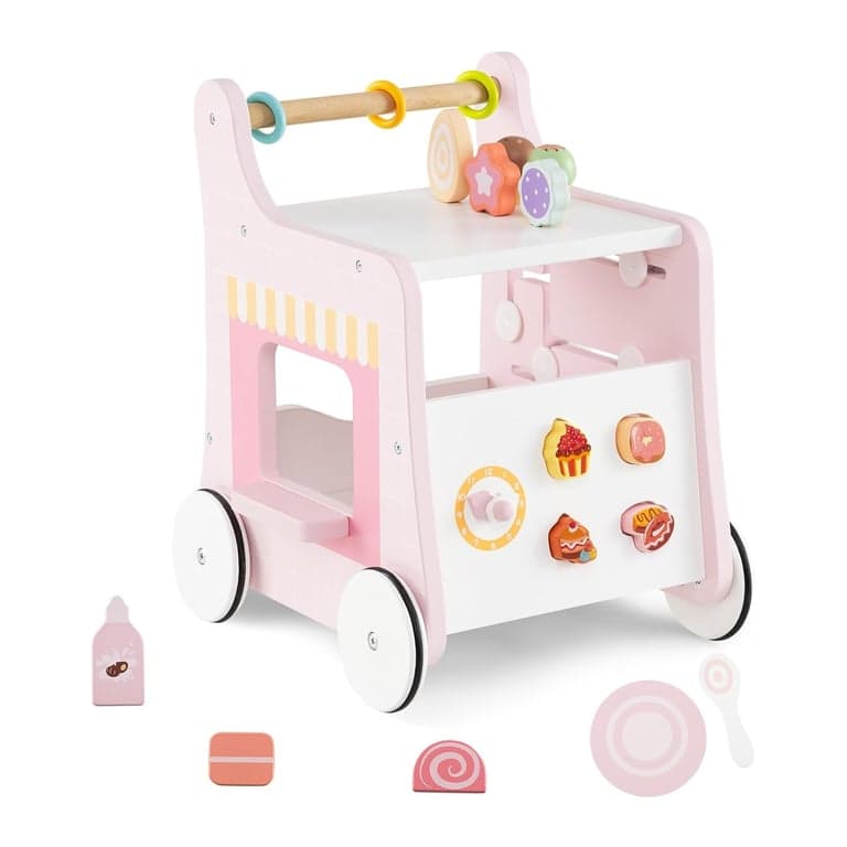 BABY JOY 6-in-1 Houten Babywalker met Speelkeuken Stijl 2 Roze