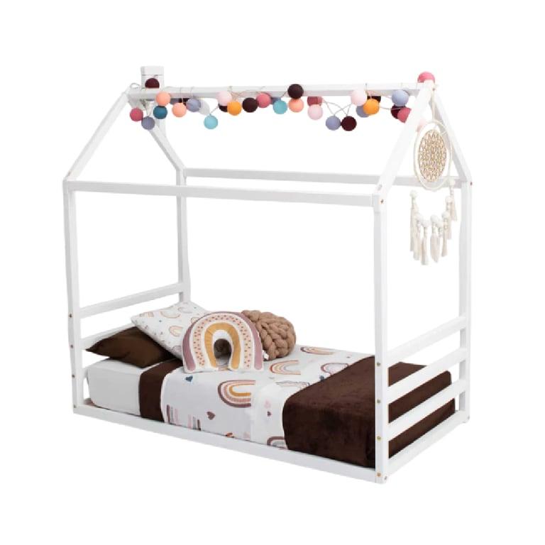 Montessori Sweet Home From Wood Huisvloer Bedframe met een Horizontaal Hoofdbord en Voetbord Eenpersoons Wit